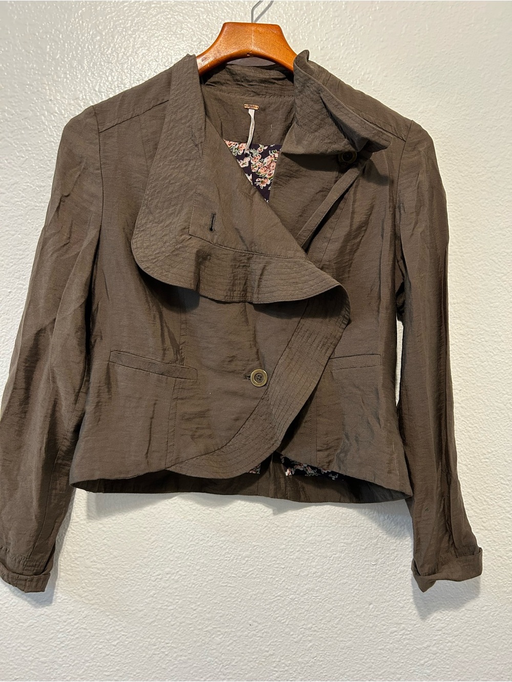 Free People Olive  Cropped Ruffle-Front Blazer